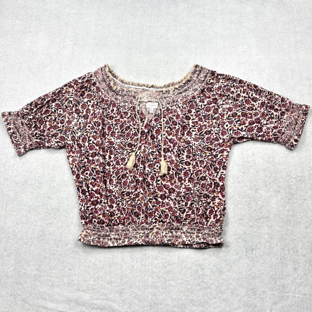 Lucky Brand Womens Large Floral Smocked Peasant Blouse Top Tassel Cotton Modal